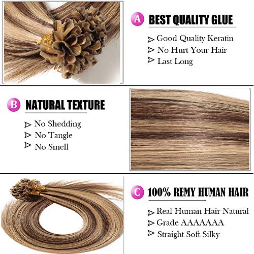 100% Remy Extensiones de Queratina Pelo Natural 100 X 0,5g - Extensiones de Cabello Humano U Tip/Nail Tip 55cm - 50g Marrón medio y Rubia oscuro #4/27