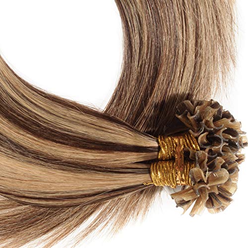 100% Remy Extensiones de Queratina Pelo Natural 100 X 0,5g - Extensiones de Cabello Humano U Tip/Nail Tip 55cm - 50g Marrón medio y Rubia oscuro #4/27