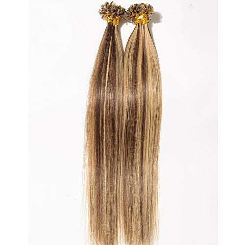 100% Remy Extensiones de Queratina Pelo Natural 100 X 0,5g - Extensiones de Cabello Humano U Tip/Nail Tip 55cm - 50g Marrón medio y Rubia oscuro #4/27