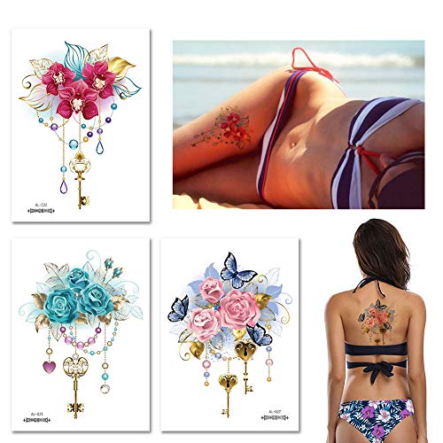 10x Flor romantica Tatuajes temporales para mujeres, Cicatriz de cubrir Maquillaje Tatuajes falsos Arte Corporal Pegatina impermeable Diseño floral rosa para pierna, muslo, pecho, cadera y más