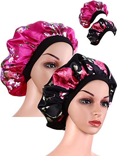 2 Piezas de Gorro de Satén de Banda Ancha Gorra de Dormir de Noche Suave para Mujeres y Chicas (negro y rojo rosado)