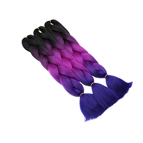 24"(60cm) 3 Piezas Extensiones de Pelo Sintético para Hacer Trenzas Africanas - Cabello No Destiñen y Se Ve Natural - (300g,Negro & Violeta Violín & Azul Oscuro)