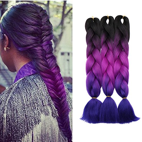 24"(60cm) 3 Piezas Extensiones de Pelo Sintético para Hacer Trenzas Africanas - Cabello No Destiñen y Se Ve Natural - (300g,Negro & Violeta Violín & Azul Oscuro)