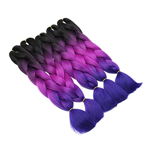 24"(60cm) SEGO 5PCS Extensiones de Pelo Sintético para Trenzas Africanas [Negro & Violeta Violín & Azul Oscuro] Cabello Se Ve Natural sin Clip Crochet Braiding Twist Hair Extensions (500g)