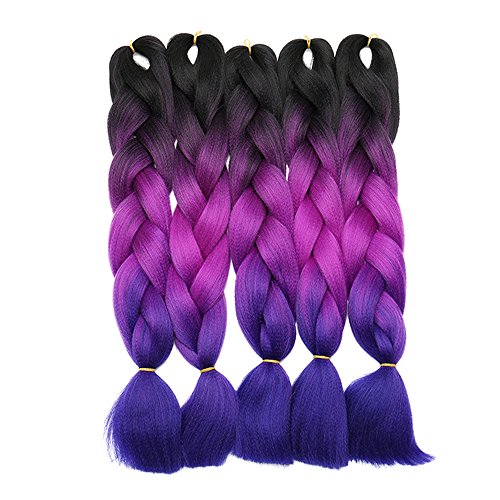 24"(60cm) SEGO 5PCS Extensiones de Pelo Sintético para Trenzas Africanas [Negro & Violeta Violín & Azul Oscuro] Cabello Se Ve Natural sin Clip Crochet Braiding Twist Hair Extensions (500g)