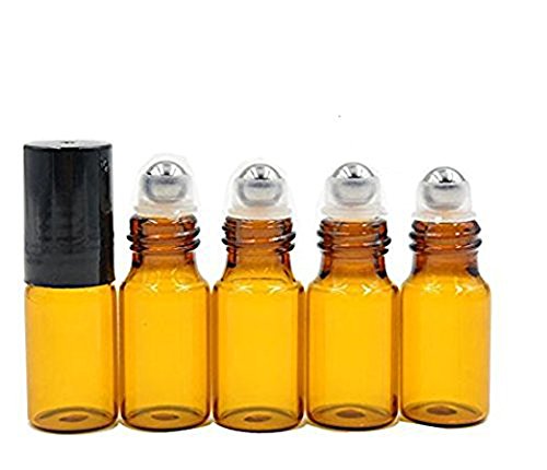 24PCS Amber Glass Roll en Botella de Rodillo Vial Contenedor Holder Pot Jar con Bola de Metal y Tapas Negras para aceites Esenciales Perfumes Lip Gloss Balms (5ml)