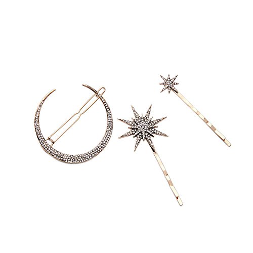 3 pcs Vintage Palillos de Pelo Cabello Varillas Clip de metal y Cristal geométrico hueco Accesorios de Peinado, Estrellas, luna-Lumanuby