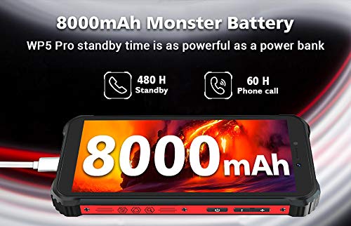 4G Teléfono Móvil Resistente OUKITEL WP5 Pro, Batería de 8000 mAh, Android 10 Smartphone Impermeable IP68, 4 Luces de Flash LED, Helio A25 4GB + 64GB, 13MP + 2MP + 2MP, Reconocimiento Facial Negro