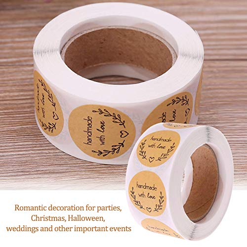 500pcs Pegatinas Etiqueta Adhesiva Pegatina Rollo, redondas, Kraft Handmade with Love Stickers Labels Roll para Sello Scrapbooking Regalo Bolsa Recuerdo Boda Fiesta Aniversario Cumpleaños