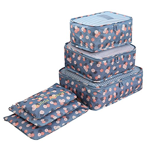 6 Set de Organizador de Equipaje, Impermeable Organizador de Maleta Bolsa para Ropa Sucia de Viaje, Material Nylon（Blue Flower）