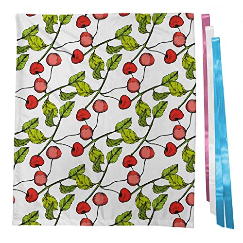 ABAKUHAUS Cereza Bolsa de Regalo para Baby Shower, Frondosa rama de fruta de la historieta, Tela Estampada con 3 Moños Reutilizable, 70 cm x 80 cm, Coral Manzana Verde Blanco