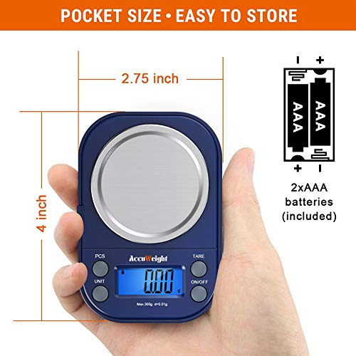 ACCUWEIGHT 255 Mini Báscula de Precisión Digitale para Joyería 300g x 0,01g Balanza de Portátiles Multifuncional con Pantalla LCD Retroiluminada, 6 Unidades, Función de Tara y Conteo (PCS)