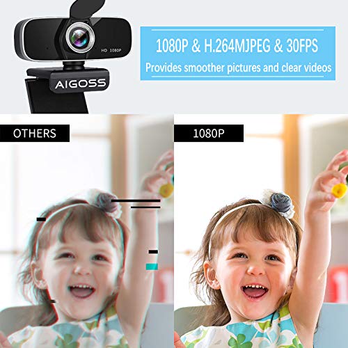 Aigoss Webcam Full HD 1080P con Micrófono Estéreo Cámara Web USB 2.0 para Videollamadas Panorámicas y Grabación Compatible con Windows, Mac y Android