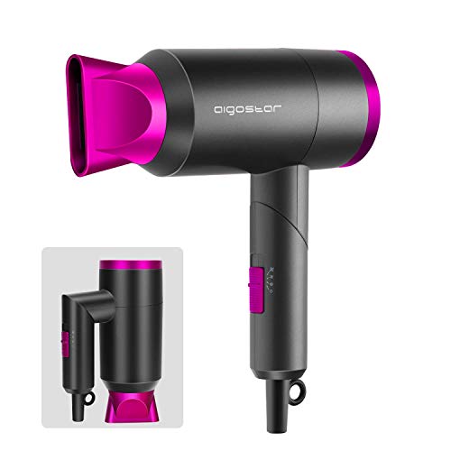 Aigostar Diane 32QYD - Secador de pelo, 1800W, ocupa poco espacio: mango plegable, 2 velocidades, 3 temperaturas. Incluye boquilla concentradora de calor. Perfecto para viajes. Color gris y rosa.