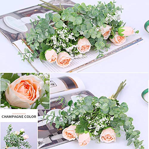 Aisamco 2 Piezas Artificial Bouquet Flores variadas Rosa Falsa Aliento del bebé Eucalipto Ramas 13.8"Alto para la Mesa Decoración de Oficina en casa Boda Arreglo Floral Dama de Honor Ramo de Novia