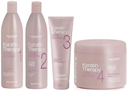 ALFAPARF Lisse Design Keratin Therapy Tratamiento Alisador Completo Deep Cleansing Shampoo 500ml + Smoothing Fluid 500ml + Detangling Cream 125ml + Mask 500ml