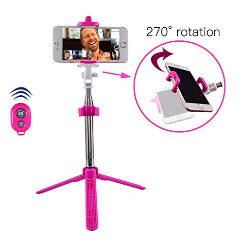 Alfort Palo Selfie, Bluetooth Selfie Stick Trípode Wireless Mini con Obturador Remoto Bluetooth para iPhone 8/7 / Samsung A7 / S7 / Huawei P10 / P9 y Otros Android/iOS Teléfono 5.5" (Rosa)