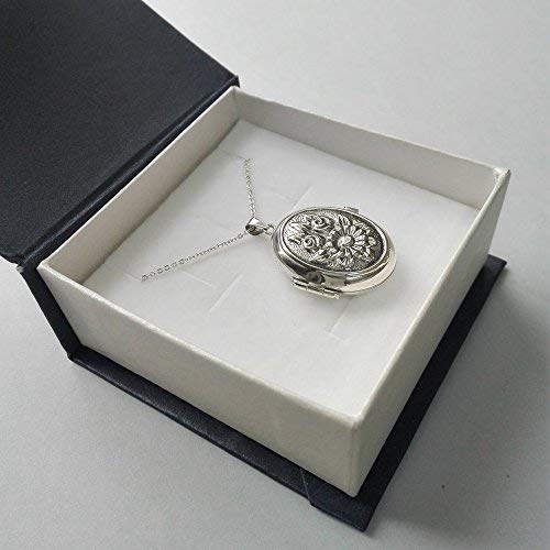 Alylosilver Collar Colgante Guardapelo de Plata De Ley para Mujer Oval con Flores - Incluye una Cadena de Plata de 45 cm y un Estuche para Regalo