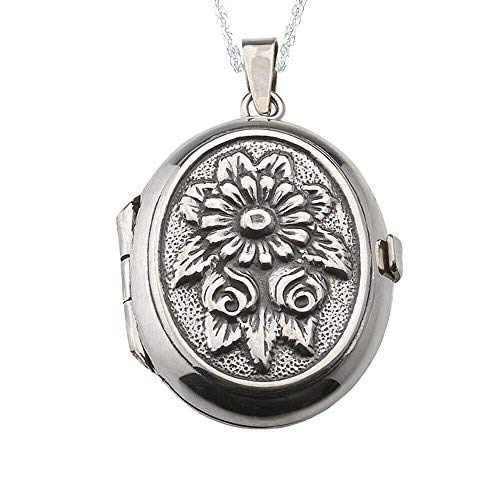 Alylosilver Collar Colgante Guardapelo de Plata De Ley para Mujer Oval con Flores - Incluye una Cadena de Plata de 45 cm y un Estuche para Regalo