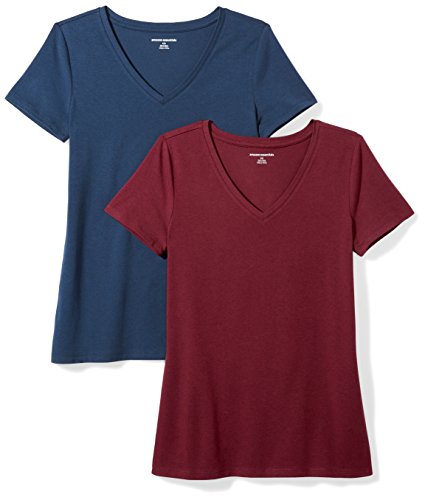 Amazon Essentials Camiseta de manga corta clásico con cuello en V, Mujer, Multicolor (Granate/Azul Marino), XS, pack de 2