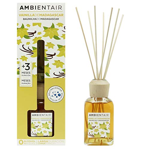 Ambientair. Difusor de Varillas perfumadas. Ambientador Mikado de Vainilla, difusor con palitos de ratán. El Mejor ambientador sin Alcohol para casa. Ambientador para la Cocina y baño.