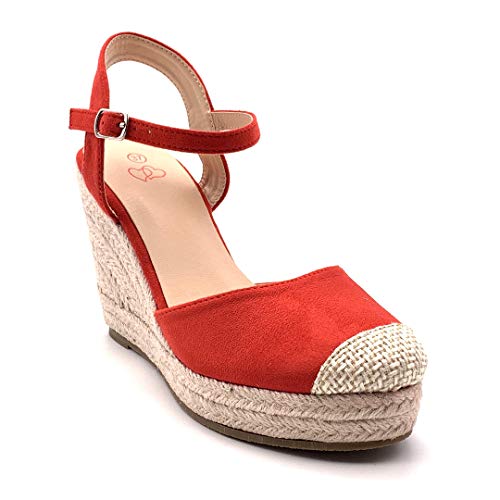 Angkorly - Zapatillas Moda Sandalias Alpargata Bohemia Casual/Informal romántico Mujer Correas Trenzado Plataforma 9.5 CM - Rojo 7 F05 T 41