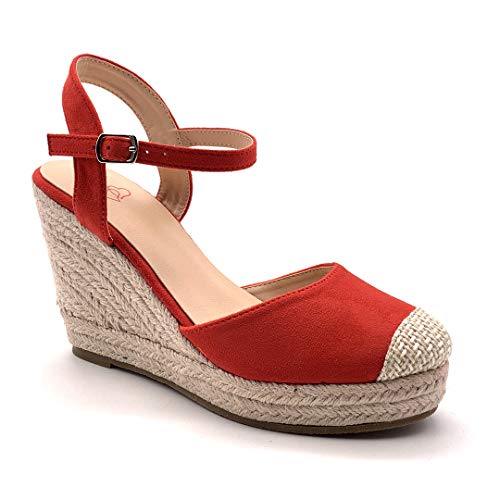 Angkorly - Zapatillas Moda Sandalias Alpargata Bohemia Casual/Informal romántico Mujer Correas Trenzado Plataforma 9.5 CM - Rojo 7 F05 T 41