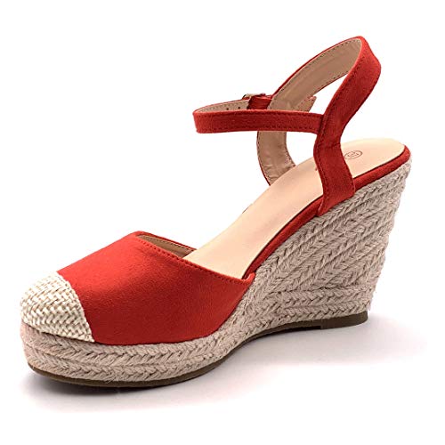 Angkorly - Zapatillas Moda Sandalias Alpargata Bohemia Casual/Informal romántico Mujer Correas Trenzado Plataforma 9.5 CM - Rojo 7 F05 T 41