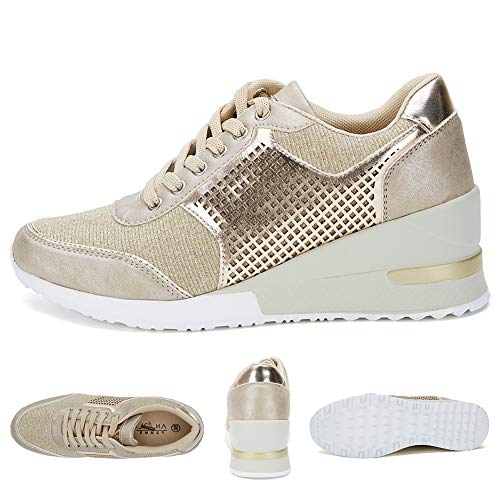 Anjoufemme Zapatillas Deportivas Plataforma Cuña Mujer, Oro (Gold), 38 EU