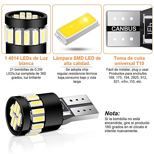 Anpro 10 Paquetes T10 LED Canbus Bombillas,T10 W5W LED Blanco Super Brillante W5W T10 194 168 2825 158 175 21 SMD 4014 6000K,Luz para Coche