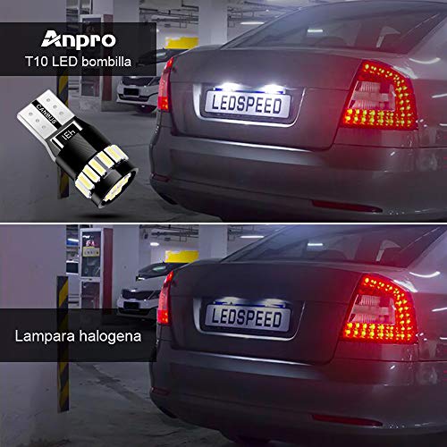 Anpro 10 Paquetes T10 LED Canbus Bombillas,T10 W5W LED Blanco Super Brillante W5W T10 194 168 2825 158 175 21 SMD 4014 6000K,Luz para Coche