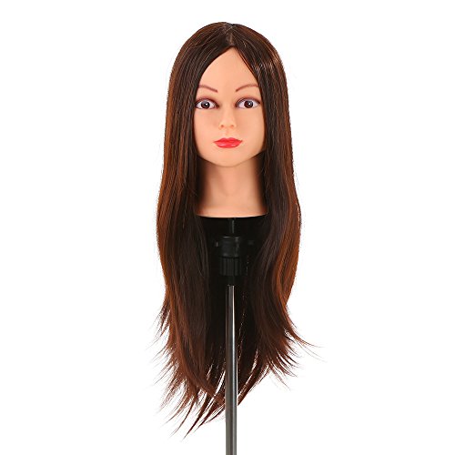 Anself Maniquí de cabeza para práctica de peluquerías,30% 61cm del pelo humano,color marrón oscuro(con soporte)