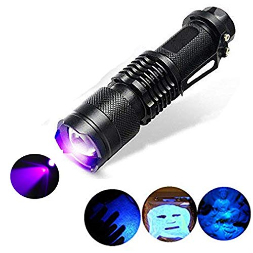 Antorcha de linterna UV, un modo 300LM Zoomable 396nm UV-Ultraviolet LED Blacklight para la detección de manchas de perros mascotas Comprobación de pasaporte Dinero, cosmética y más