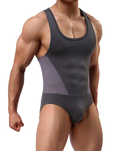 Arjen Kroos Hombre Maillot Leotardo Ropa Interior Deportiva Sexy Bodysuit Deportivo de Hombre para Gimnasia Danza Bañador Bodies Elásticos (Gris, M(76-81cm))