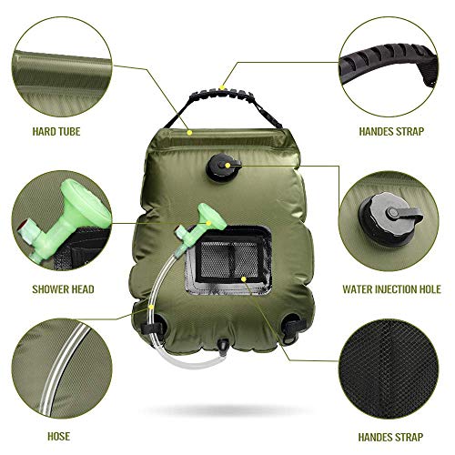 ASANMU Bolsa Solar de Ducha, 20L Bolsa De Ducha de Camping Solar Calentar Solares Bolsa de Agua Portátil Bolsa de Ducha de Acampada Escalada Ducha Jardín Ducha con Manguera y Cabezal de Ducha (Verde)