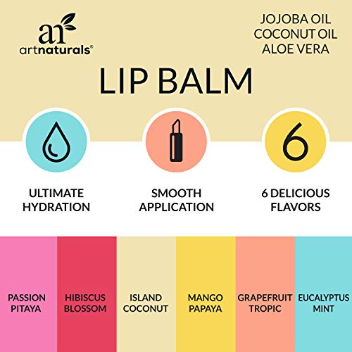 Bálsamo labial ArtNaturals, cera de abejas, 6 unidades de varios sabores, 4,4 ml cada uno, para labios secos y agrietados, hidrata y repara, con aloe vera, coco, aceite de ricino y aceite de jojoba