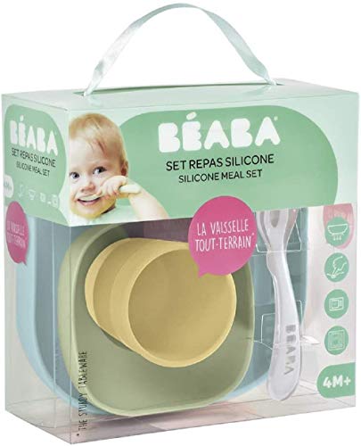 Béaba Vajilla de silicona con ventosa resistente, Completa con 4 piezas, Plato, bol, taza y cuchara de silicona de alta calidad con ventosa, Alimenta a tu bebé o hijo fácil