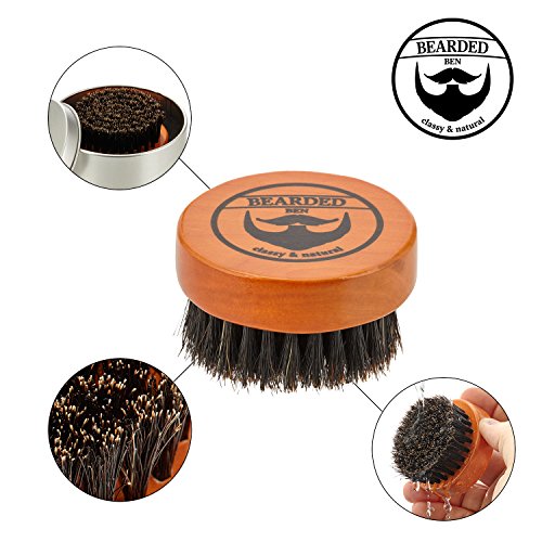 BEARDED BEN Cepillo de la barba con cerdas de jabalí y caja de almacenamiento de alta calidad para el cuidado profesional de la barba, Teca Brown, diámetro: 6.3 cm