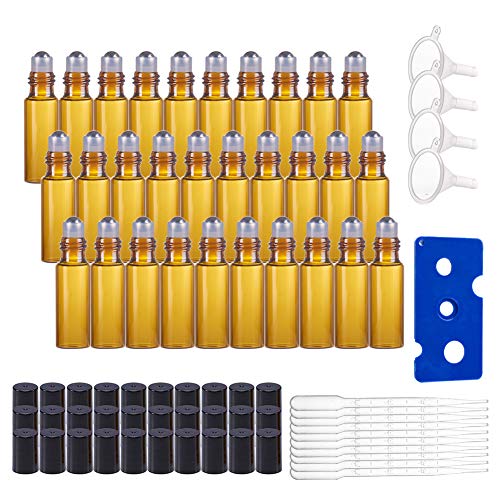 BENECREAT 30 Pack 5ml Botella de Vidrio Botellas de Rodillos de Aceites Esenciales Equipado con Cubierta Negra y 10 Pipetas, 4 Embudos, 1 Abridor