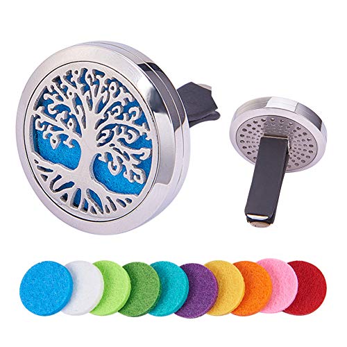 BENECREAT Tree of Life Ambientador para Coche Aromatherapy Difusor de Aceite Esencial Locket de Acero Inoxidable con Vent Clip 10 Almohadillas de Fieltro Lavables