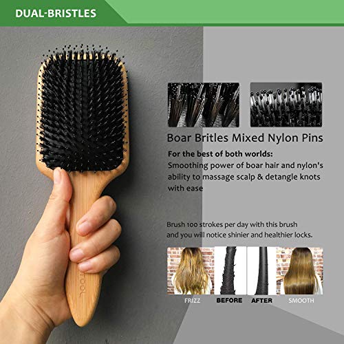 BESTOOL Jabalí de cerdas de madera de bambú masaje peine,nudo no electrostática comodo y durable gran Paddle hairbrush con bolsa de gas (Negro) (plaza)