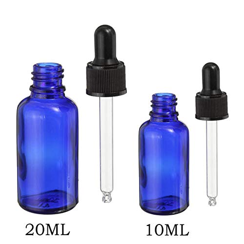 BlueXP 4 Pieza Azul Ámbar Botellas 10ml 20ml Marrón Frasco de Vidrio Ámbar con Cristal y Goma Pipeta para Aromaterapia Aceite Esencial y Perfume Medicina Líquidos Etc