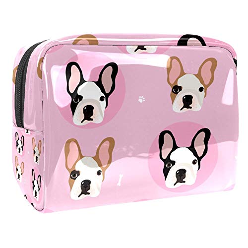 Bolsa de maquillaje de PVC portátil de viaje, bolsa de aseo – Funda impermeable de viaje, neceser de aseo de viaje, neceser de 7,3 x 3 x 5,1 pulgadas, bulldogs franceses rosa