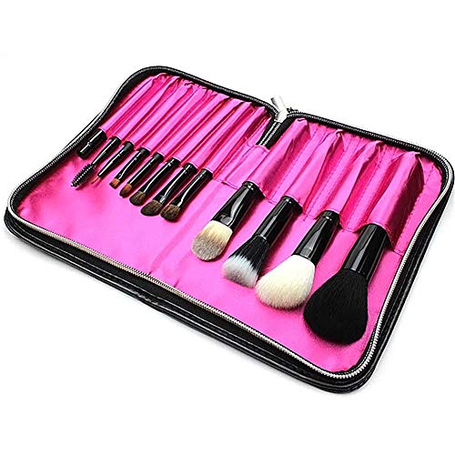 Bolso de maquillaje portátil de piel sintética con 12 compartimentos con cremallera, para maquillaje, cinturón, cosméticos, funda de piel, brochas de maquillaje, para mujer, color negro