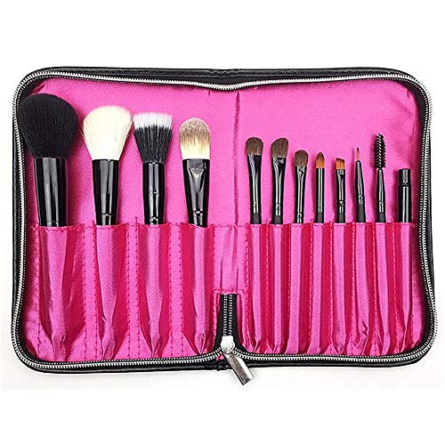 Bolso de maquillaje portátil de piel sintética con 12 compartimentos con cremallera, para maquillaje, cinturón, cosméticos, funda de piel, brochas de maquillaje, para mujer, color negro