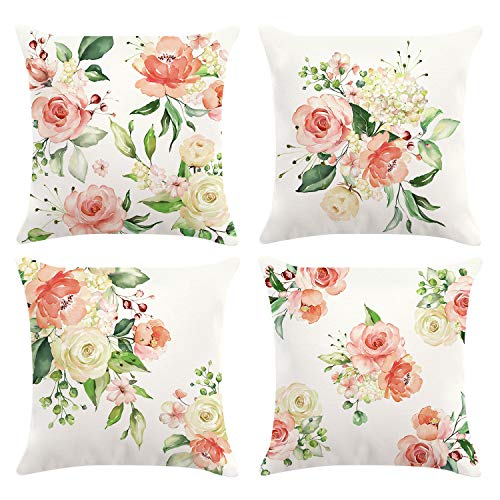 Bonhause Juego de 4 Funda de Cojín 45x45cm Flores de Peonía Rosas Terciopelo Suave Fundas de Almohada para Cojines Decorativos para Sofá Cama Coche Hogar