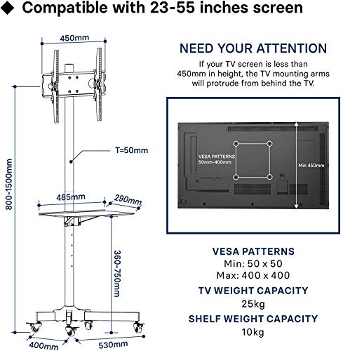 BONTEC Soporte TV Ruedas Soporte TV Suelo para 23-55 Pulgadas Plasma/LCD/LED Soportes TV de Pie para Pantalla Plana Móvil Carro de Exhibición Trole, Máx. VESA 400x400 mm