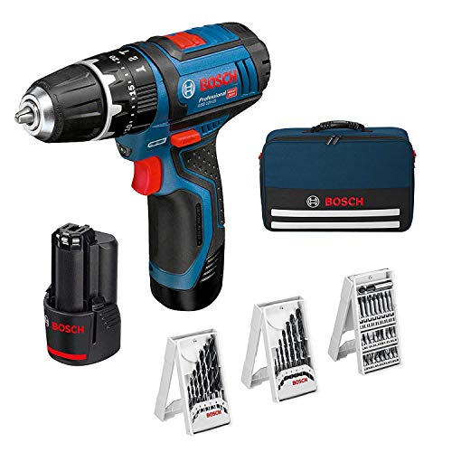 Bosch Professional GSB 12V-15 System percutor Madera de Ø máx 19 mm, Incl. 2 x 2.0 Ah batería + Cargador, 3X Juego de Taladro, en Bolsa, Amazon Edición, 36 W, 12 V, Azul