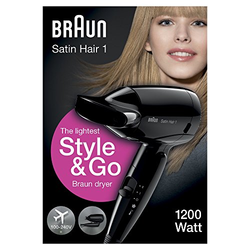 Braun Satin Hair 1 HD130 Style&Go - Secador de pelo viaje, multivoltaje, 1200W, negro