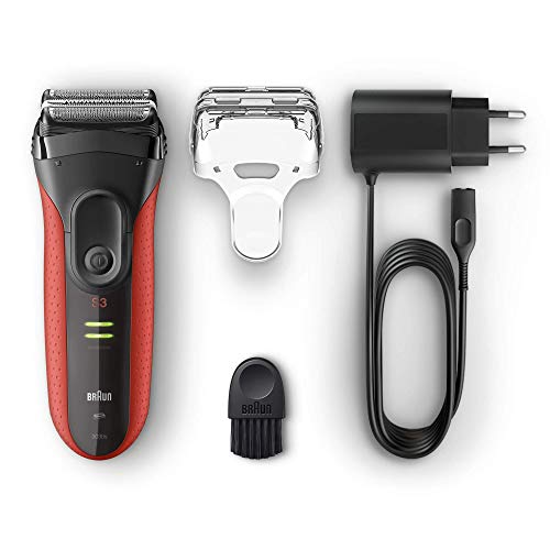 Braun Series 3 ProSkin 3030 S Afeitadora Eléctrica Hombre, para la Barba, con Recortadora de Precisión Extraíble, Recargable, Resistente al Agua, Negro/Rojo